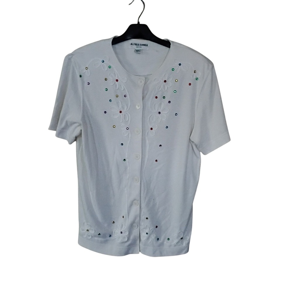 Alfred Dunner Petite White Floral Embroidered Rhinestone Button Front Cardigan